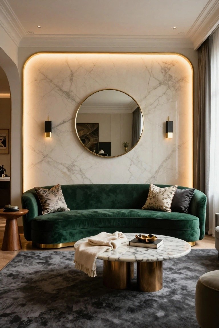Curved white marble accent wall with gold LED edging and large round mirror centered on it, flanked by black and gold sconces, green velvet sofa, marble coffee table on brass bases, wood side table, and dark rug in a light interior.