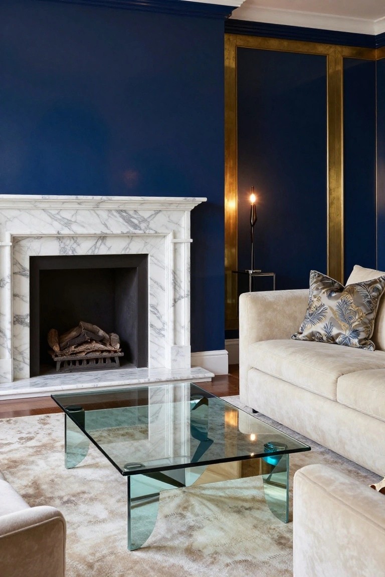 Living room with navy blue walls framed by vertical gold panels, white marble fireplace with logs, cream upholstered sofa, glass coffee table, and beige rug.