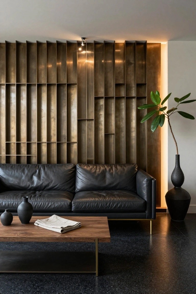 Modern living room featuring a tall brass slatted accent wall illuminated by overhead lights, a black leather sofa, wooden coffee table with black vases, and a potted plant next to a tall black vase.