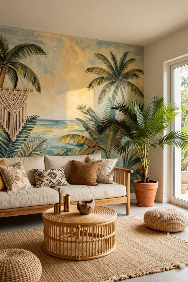 Living room with tropical mural wallpaper depicting palm trees, ocean, and sunset on one wall, neutral linen sofa, wooden coffee table, potted palm plant, macrame hanging, and floor poufs on seagrass rug.