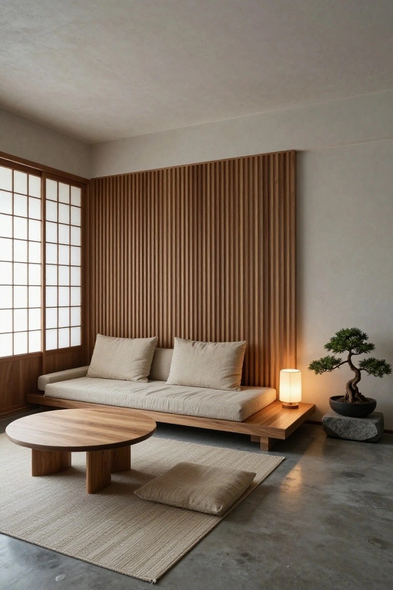 A minimalist living room featuring a beige built-in sofa, round wooden coffee table, vertical wooden slat accent wall, shoji screen window, bonsai tree in a stone pot, floor lamp, and beige rug on a concrete floor.
