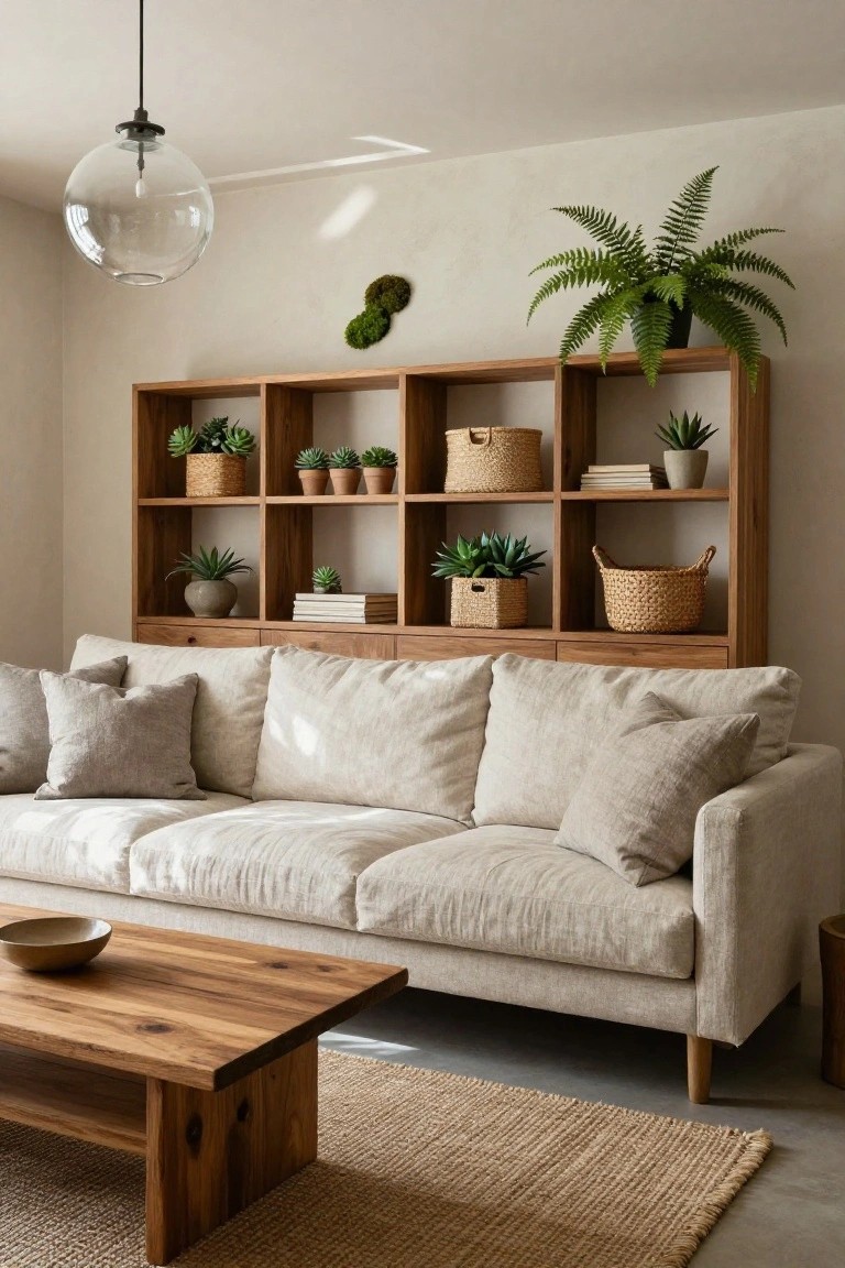 A light beige living room with a tall wooden open shelving unit against the wall filled with potted plants, baskets, and books, a cream linen three-seater sofa in front, wooden coffee table with a ceramic bowl, seagrass rug, and hanging glass pendant light.