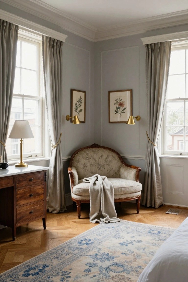 Corner of a light gray neoclassic bedroom with a cream upholstered curvaceous armchair draped in a light throw blanket, beside a wooden desk on a herringbone floor, large curtained windows, gold wall sconces, botanical prints, and a blue and white rug.