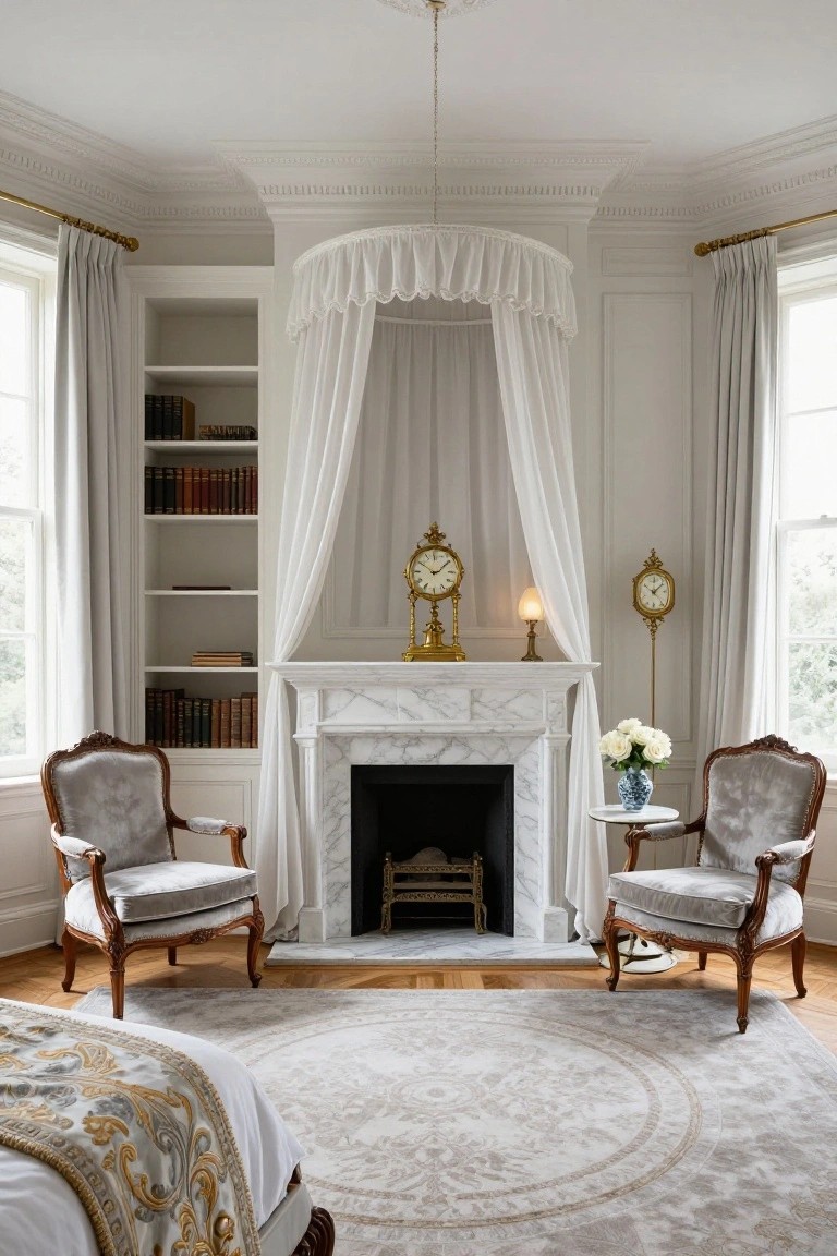Neoclassic bedroom with a white-draped canopy bed positioned in front of a white marble fireplace flanked by two gray upholstered armchairs, gold clocks on the mantel, bookshelves to one side, and large curtained windows.