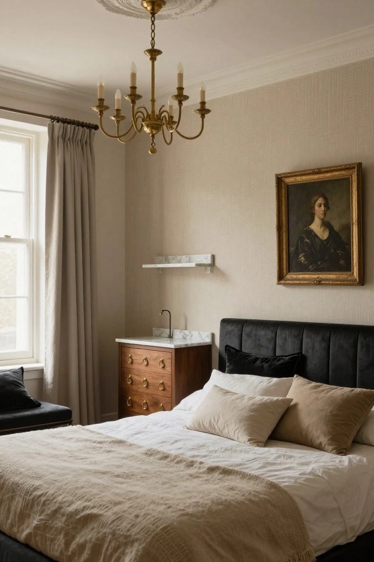 A luxury bedroom interior with a black velvet tufted headboard on a bed draped in beige linens, an adjacent wooden dresser topped with a marble sink and faucet, a gold-framed portrait painting, brass chandelier, and linen curtains on a window against textured beige walls.