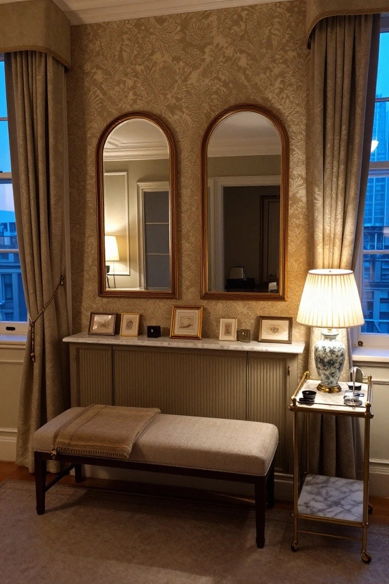 Beige damask-wallpapered interior with two tall arched gold-framed mirrors over a marble-topped console table displaying small framed artworks, a blue-and-white porcelain vase, and a candle; a beige-upholstered bench sits in front, with heavy cream drapes on tall windows and a brass tray cart nearby.