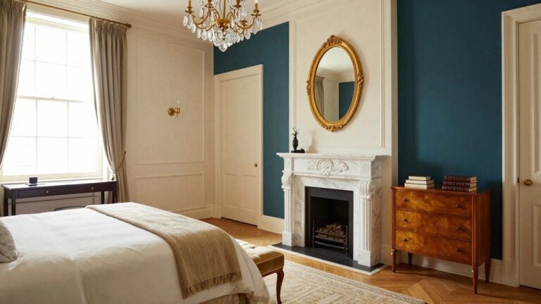 Neoclassic bedroom interior featuring teal walls, tufted cream velvet headboard and bench, marble fireplace with gold-framed oval mirror and candlesticks above it, crystal chandelier, desk, large window with cream drapes, and parquet wood floor.