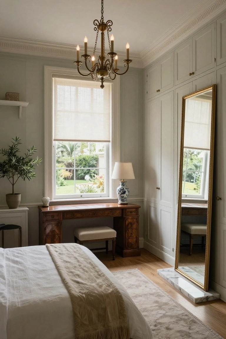 Pale green bedroom with tall fitted wardrobes along two walls, antique wooden desk and stool, white bed with beige throw, brass chandelier, potted olive tree by window with sheer blind, and tall gold-framed mirror.