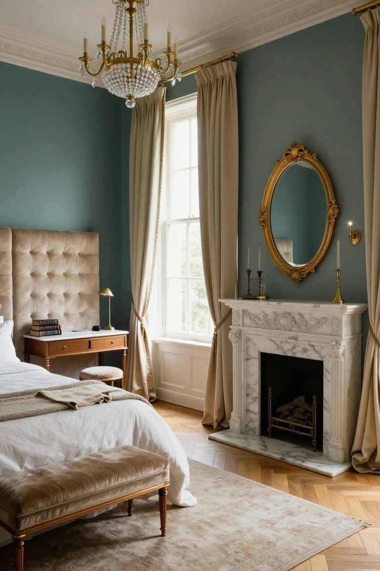 Neoclassic bedroom interior featuring teal walls, tufted cream velvet headboard and bench, marble fireplace with gold-framed oval mirror and candlesticks above it, crystal chandelier, desk, large window with cream drapes, and parquet wood floor.