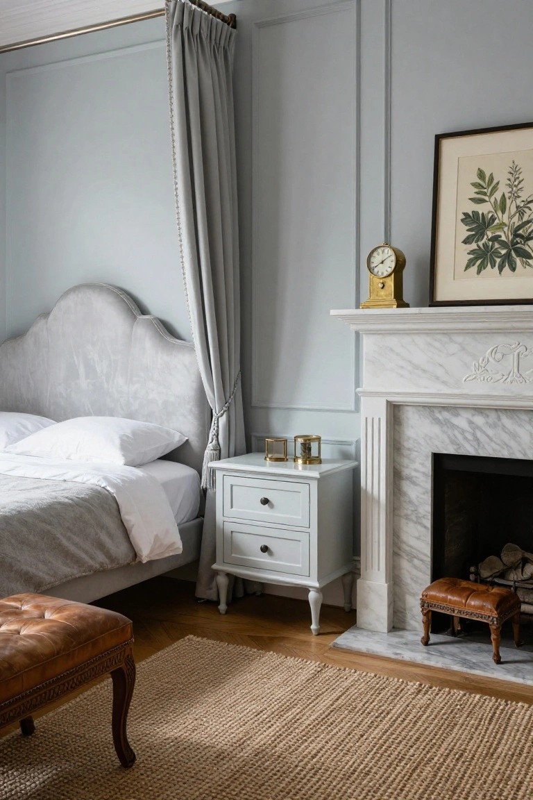 A bedroom interior with a gray upholstered scalloped headboard bed, white nightstand, marble fireplace mantel holding a gold clock, leather stool, botanical print on wall, gray curtains, and jute rug on wood floors.