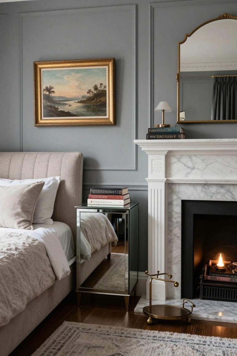 Bedroom with light gray paneled walls, beige tufted bed and pillows, mirrored nightstand, white marble fireplace with lit fire, gold-framed landscape painting, and ornate gold mirror nearby.