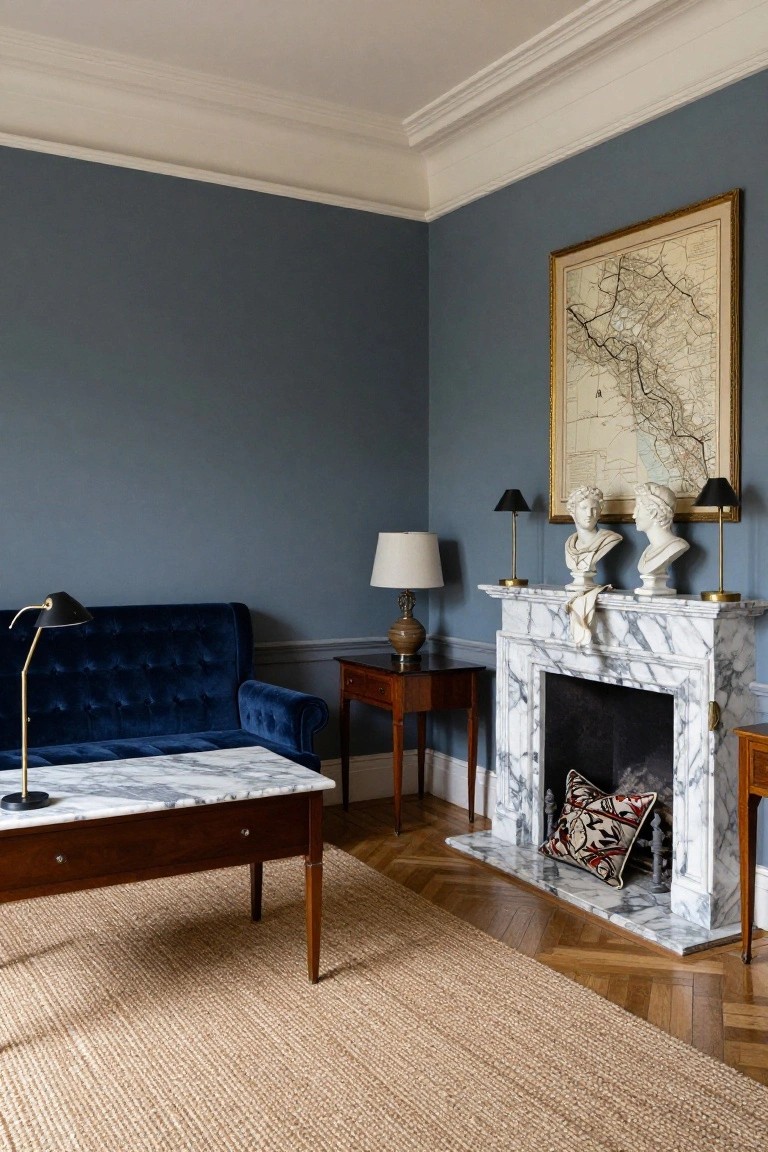 Corner of an indoor room with navy blue walls, a blue velvet sofa, marble-topped wooden coffee table, marble fireplace mantel holding two white plaster busts and lamps, antique map in gold frame on wall, wooden side tables, and parquet floor covered partly by seagrass rug.