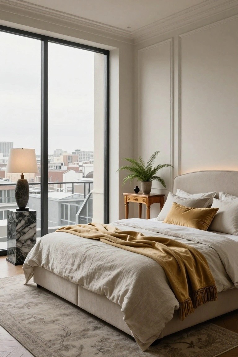 Bedroom with white walls featuring neoclassic paneling and molding, floor-to-ceiling windows showing city buildings under overcast sky, upholstered bed with cream linens yellow throw and pillows, marble pedestal lamp, wooden side table with fern plant in pot.