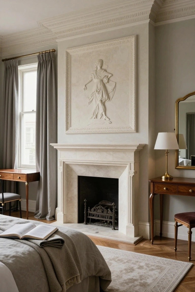 Bedroom with white marble fireplace mantel, large rectangular plaster relief sculpture of a robed figure on the wall above, open fire grate, king bed with gray linens and throw, two wooden desks with upholstered chairs, gold-framed mirror, gray curtains on window, parquet wood floor, and cream rug.