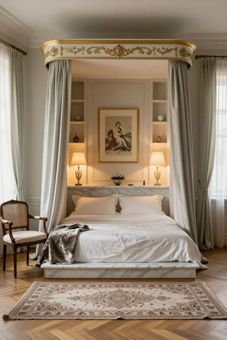 A neoclassic bedroom with a platform bed under a curved white and gold-trimmed canopy draped in gray curtains, flanked by built-in shelves with lamps, a painting, and ceramics, a caned armchair nearby, on herringbone wood floors with a beige Persian rug.