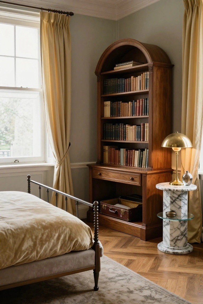Corner view of a neoclassic bedroom with tall arched wooden bookcase filled with leather-bound books, adjacent brass iron bed draped in pale yellow velvet bedding, yellow curtains on window, brass lamp on marble pedestal table, and parquet wood floor.