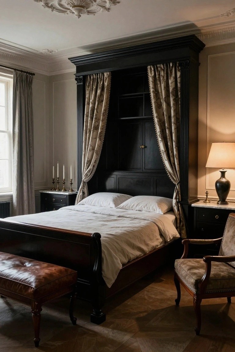 A neoclassical bedroom with a tall black wooden armoire-like canopy featuring beige floral drapes over a white sleigh bed, flanked by marble nightstands with brass candelabras, a leather bench, an armchair, tall windows, and parquet flooring.