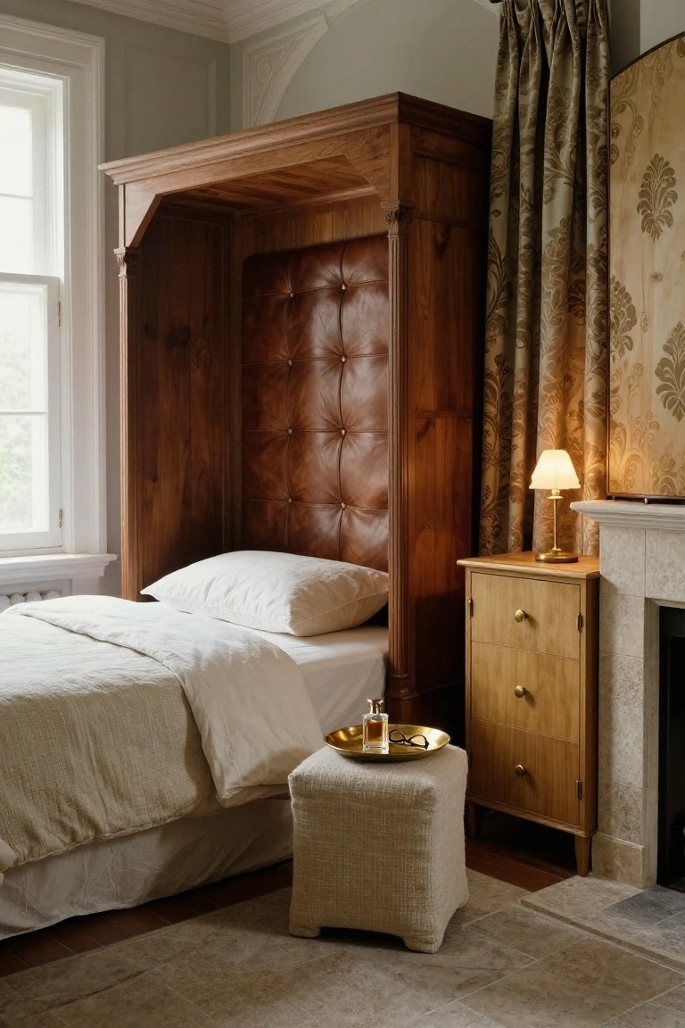 A bedroom interior with a tall wooden alcove bed frame, brown tufted leather headboard, white linen bedding, small wooden nightstand holding a lamp and tray, next to a marble fireplace in a pale green-walled room.