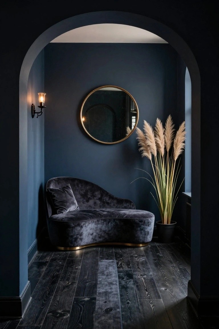 Navy blue arched interior alcove with gold round mirror on wall, pampas grass in black pot, curved gray velvet chaise lounge on dark wood floor, and wall-mounted glass lamp.