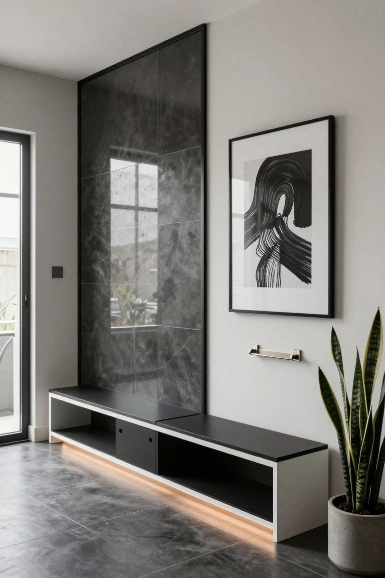Modern interior entrance with a white and black built-in bench featuring under lighting and storage, dark grey glass tiled feature wall, abstract black and white framed artwork, potted snake plant, towel bar, glass door, and polished concrete floor.