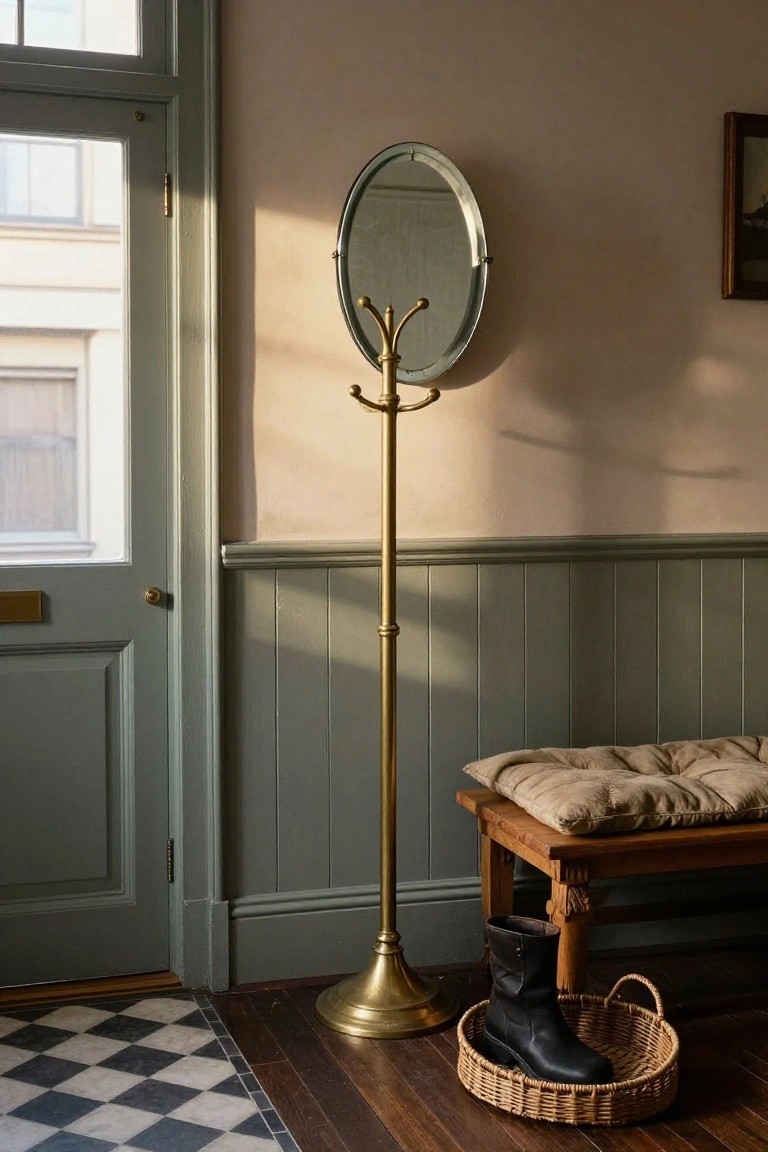 Tall brass coat stand with oval mirror and hooks stands in an entryway next to a green front door, wooden bench with beige cushion, black boots in a wicker basket, checkered floor tiles, and pale walls with green wainscoting.