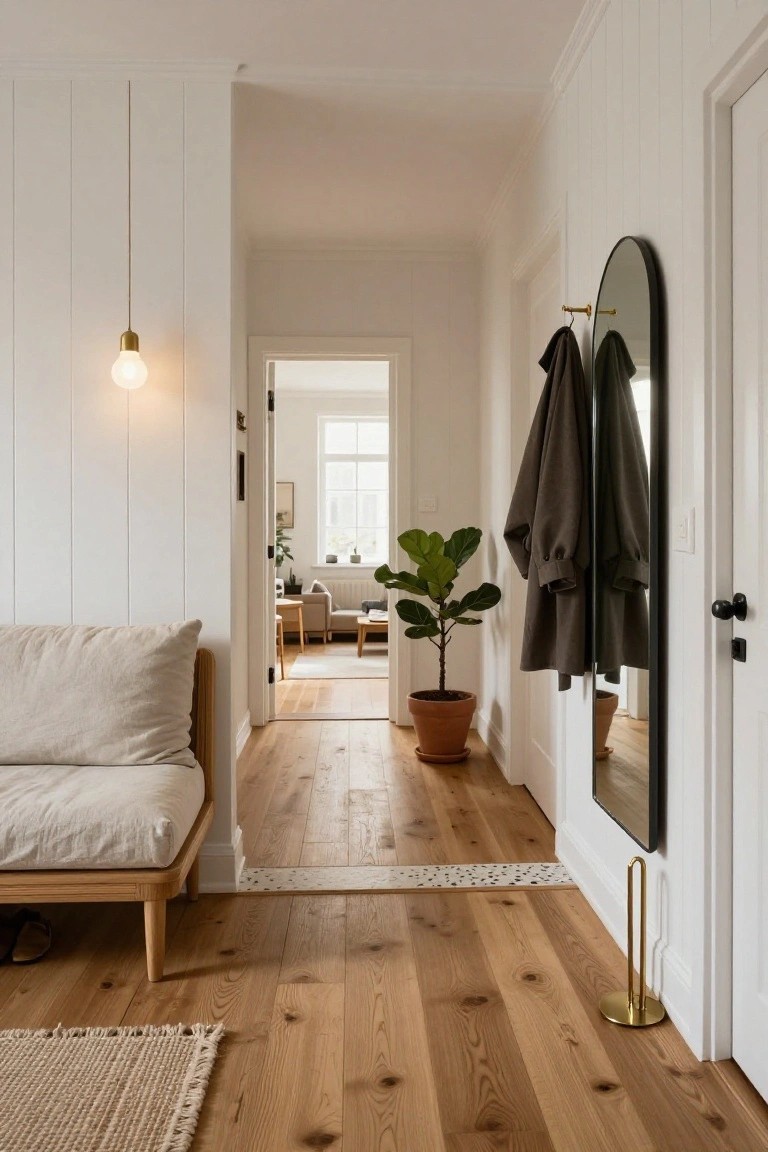 White paneled hallway entrance with beige linen daybed on oak floors, arched black mirror with brass coat hooks holding gray coats, potted ficus plant in terracotta pot, open doors to living room, and brass floor umbrella stand.