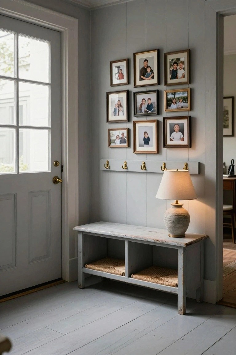 Gray paneled interior entrance hall with white door, distressed white wooden bench on shelves with seagrass cushions, brass coat hooks on wall, ceramic table lamp, and grid of framed family photos.