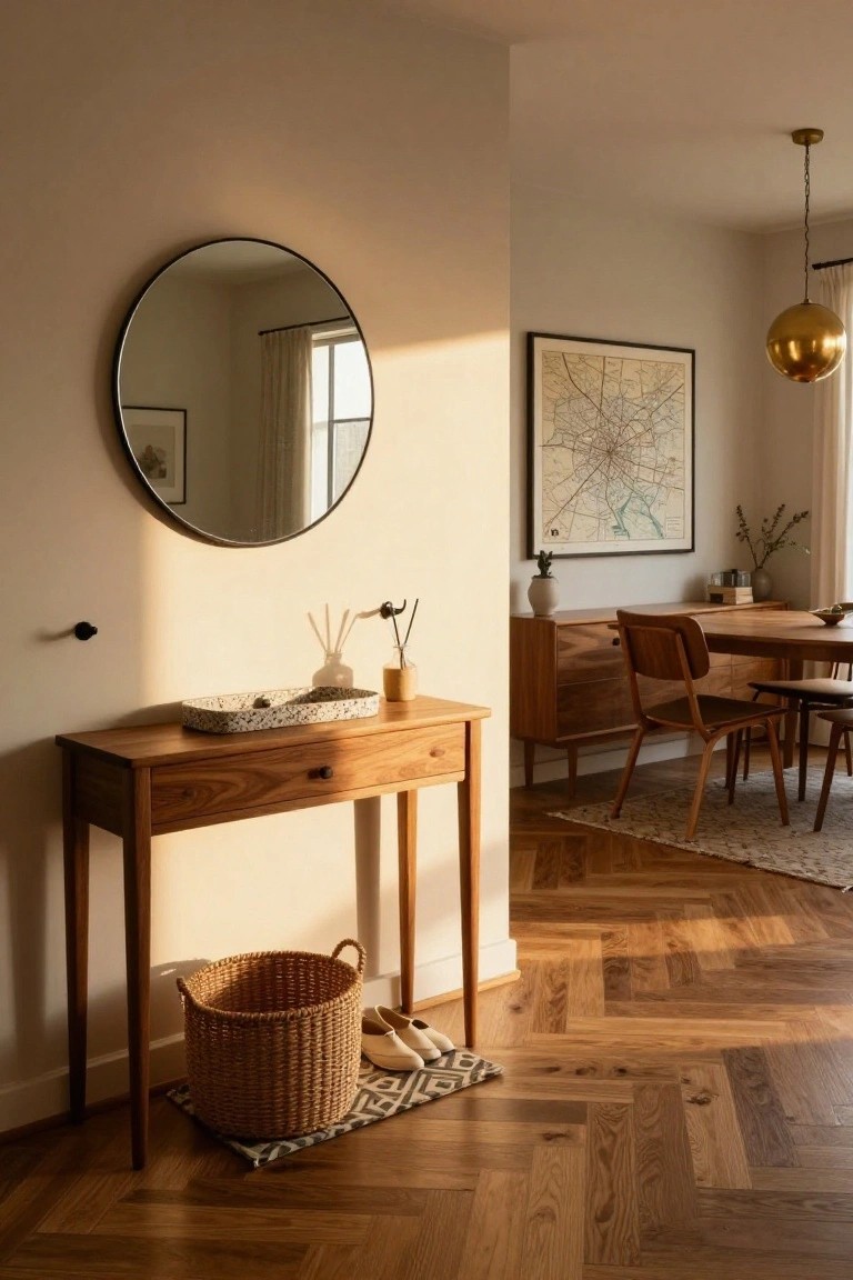 Entryway with a slim wooden console table holding a tray and reed diffuser, a woven basket with shoes below, black round mirror on beige wall, and view to wooden dining table on herringbone floor.