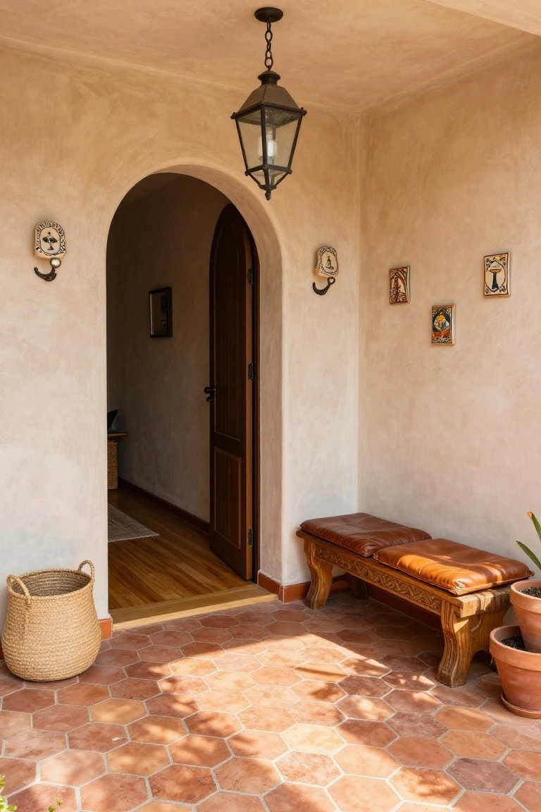 Covered stucco entry porch with hexagonal terracotta tile floor, carved wooden bench topped with leather cushions, potted plants, wicker basket, wall tiles, hanging lantern, and open arched wooden door revealing interior wood floor.