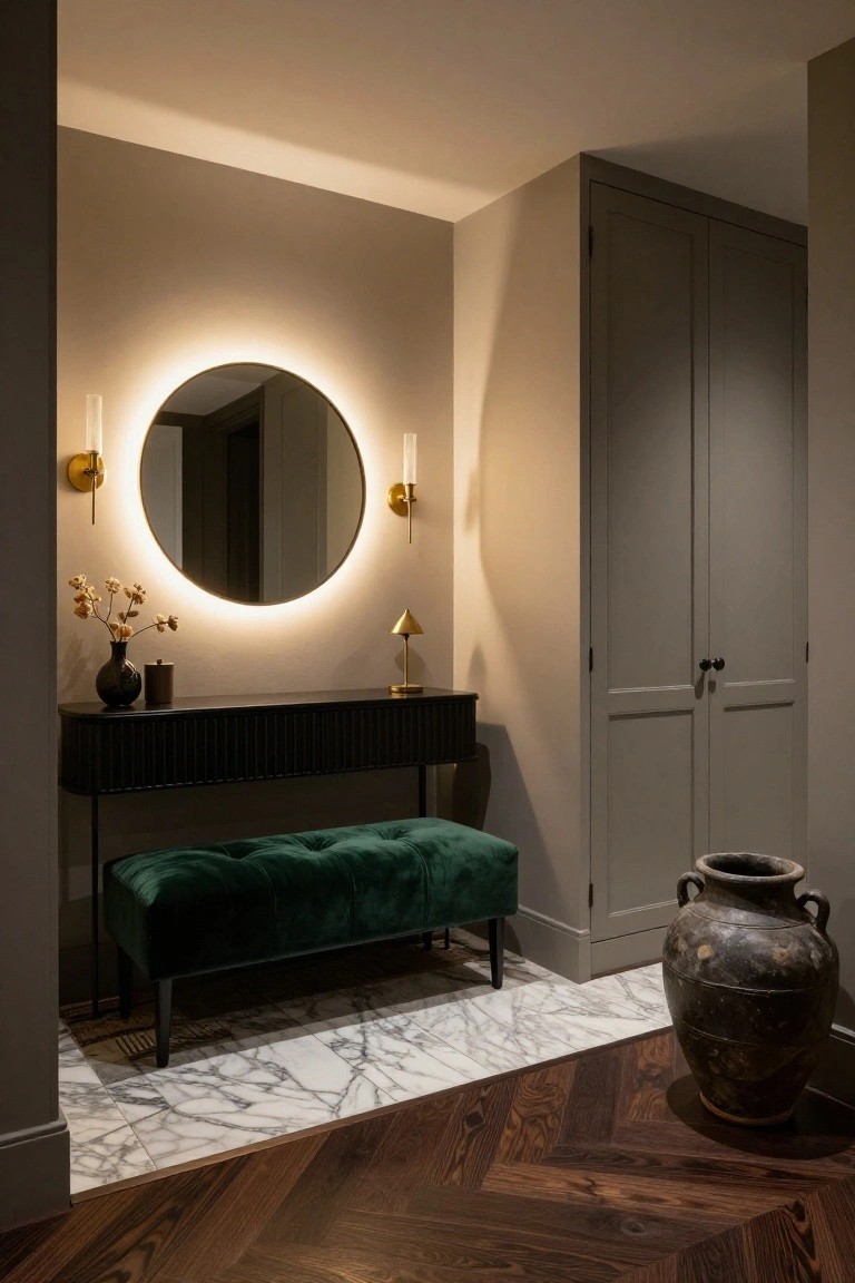 Hallway entrance interior with round backlit mirror and sconces, black console table with lamp and dried flowers, green tufted velvet bench, marble floor strip into herringbone wood flooring, grey wardrobe doors, and terracotta pot.