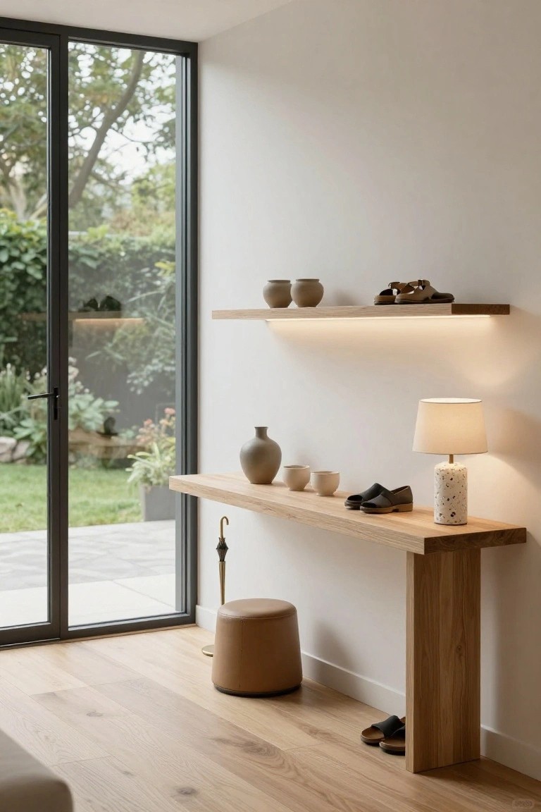 Beige interior hallway with light oak floating console table and shelves displaying beige pottery, shoes, a speckled lamp, small cups, tan pouf stool, umbrella stand, and black-framed sliding glass doors to a garden.