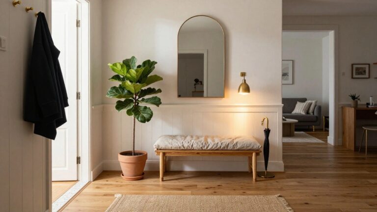White paneled hallway entrance with beige linen daybed on oak floors, arched black mirror with brass coat hooks holding gray coats, potted ficus plant in terracotta pot, open doors to living room, and brass floor umbrella stand.