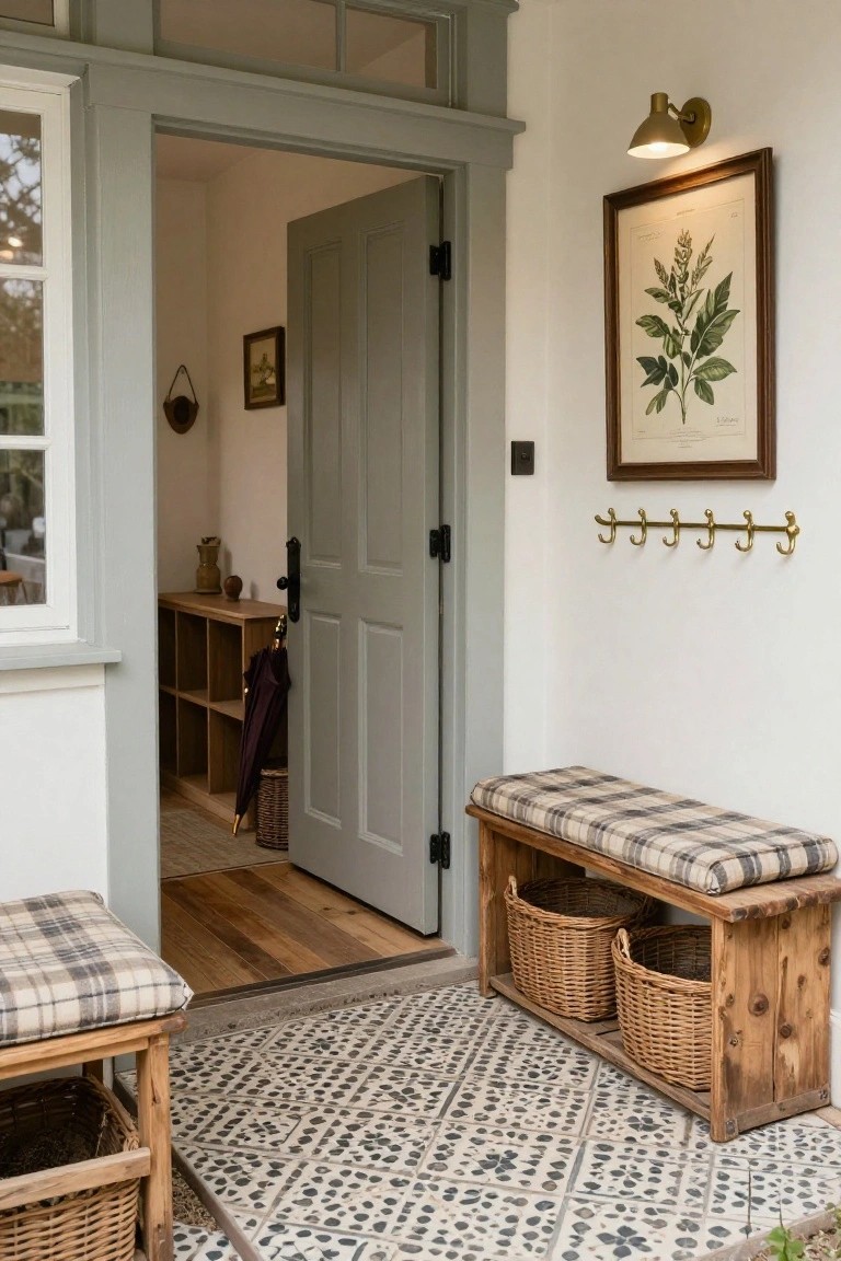 Open gray front door of a house showing interior shelves and umbrella stand, with a wooden bench topped by plaid cushions and wicker baskets on a tiled porch outside, brass coat hooks on white wall, and botanical print nearby.