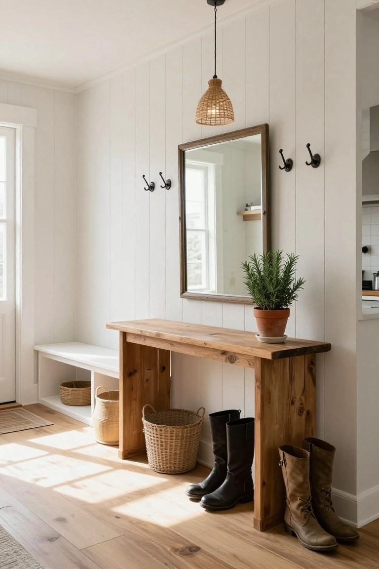 White shiplap entryway with a rustic wooden console bench holding woven baskets with boots underneath, a potted rosemary plant on top, black hooks and oval mirror on the wall, seagrass pendant light overhead, and hardwood floors.