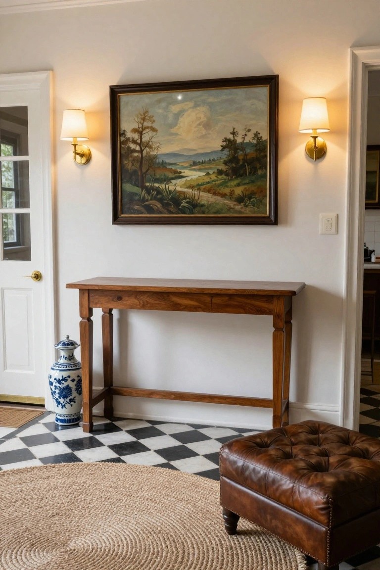 Foyer hallway with wooden console table beside large blue and white porcelain vase on checkered floor, landscape painting above table, brass wall sconces, doors, round seagrass rug, and tufted leather ottoman.