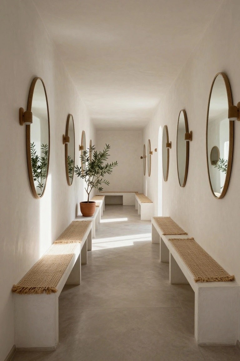 Long interior hallway with white walls and polished concrete floor lined with large round mirrors in wood brackets on both sides, white benches topped with seagrass cushions, and a potted olive tree in the center.
