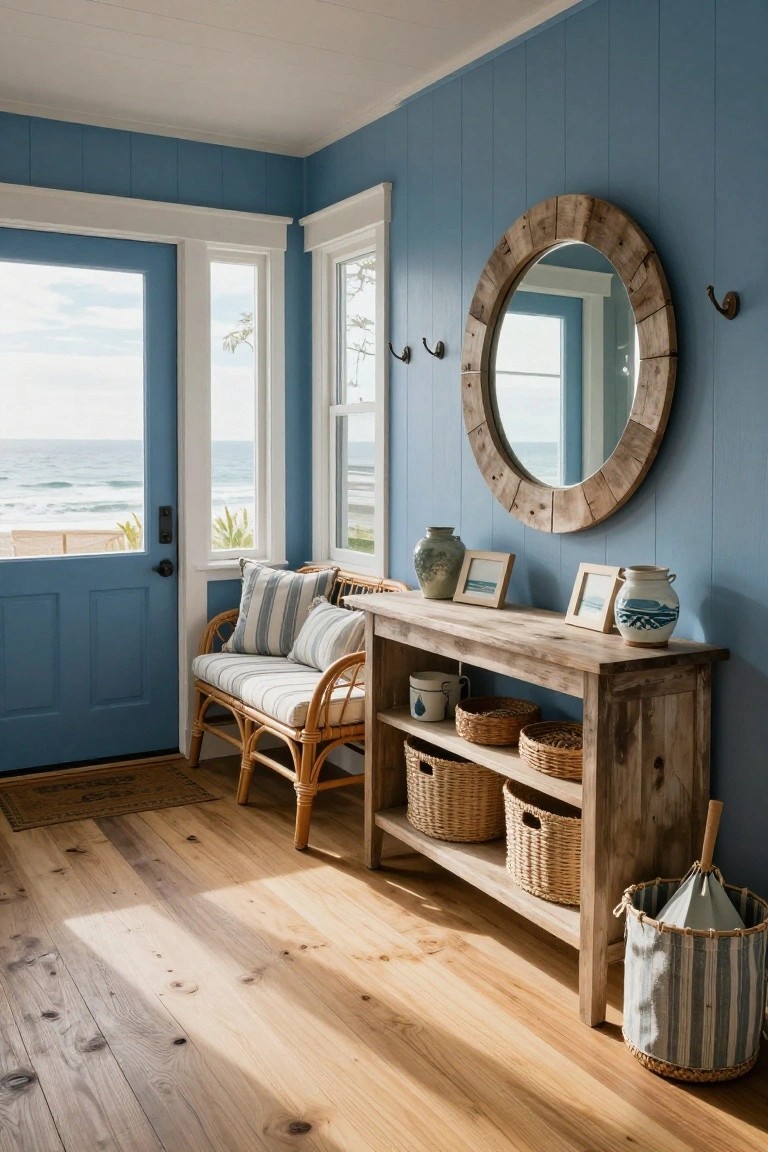 Blue shiplap-walled entry room with open blue door to ocean view, wooden console table holding woven baskets and ceramics, rattan bench with cushions, large round wooden mirror, and umbrella basket.