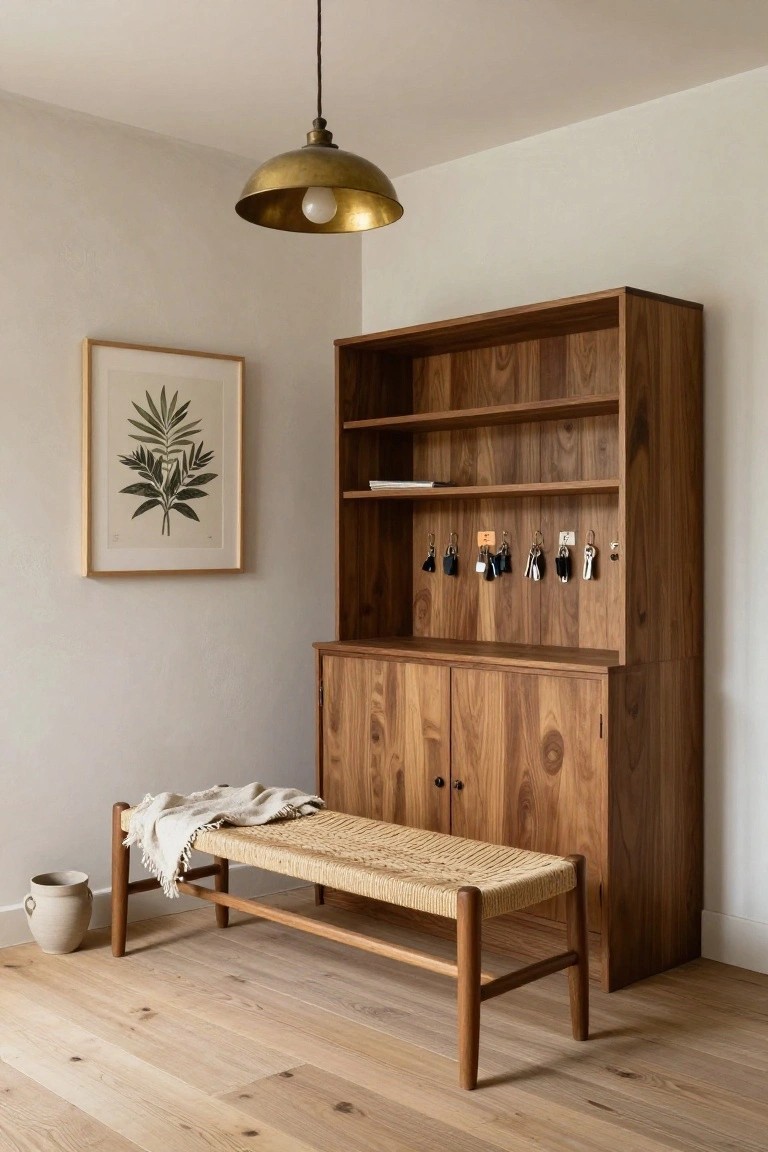 Tall wooden cabinet with open shelves, internal key hooks, and lower cabinets next to a rattan bench draped with a throw in a beige-walled room with oak flooring.