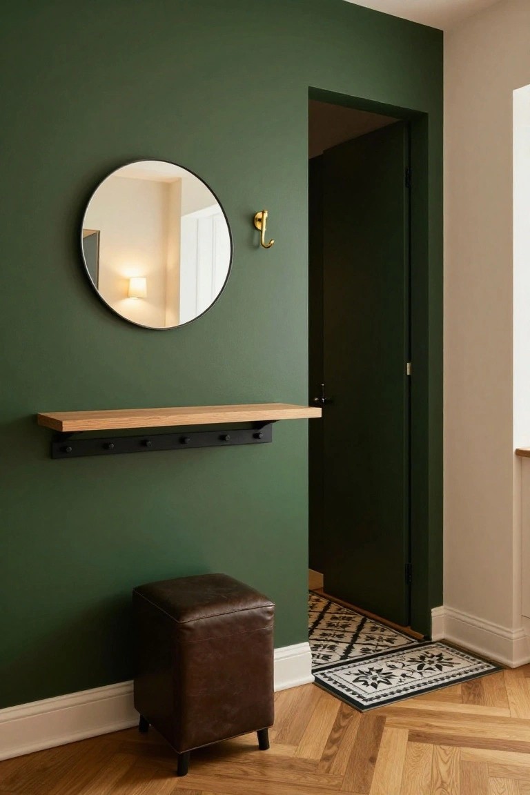 Green entryway wall with round mirror and gold hook beside it, black metal bracket shelf with oak top and hooks below, brown leather pouf stool, patterned black and white rug at threshold of open green door, parquet wood floor.