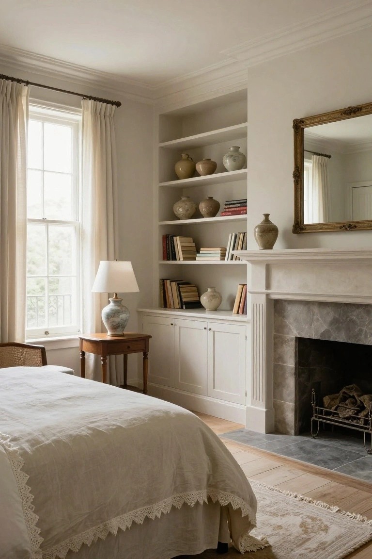 A master bedroom with a white linen bed, built-in white bookshelves and cabinets around a marble fireplace, a rattan chair and side table with lamp near a curtained window, and light wood floors.