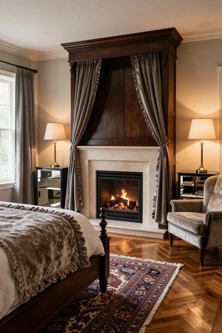 Master bedroom interior with a tall wooden fireplace surround framed by gray drapes, lit gas fireplace on limestone hearth, four-poster bed with gray throw, two mirrored nightstands with lamps, armchairs, and Persian rug on herringbone wood floor.
