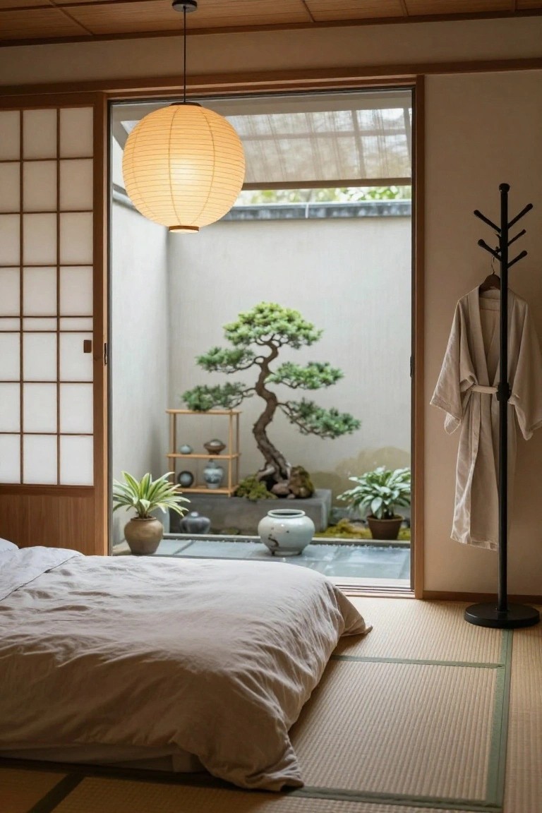 Minimalist bedroom interior with tatami mats, low beige bed, hanging paper lantern, shoji screens open to a small white-walled courtyard containing a bonsai pine tree on a wooden stand, ceramic pots, plants, and a coat rack with robe.