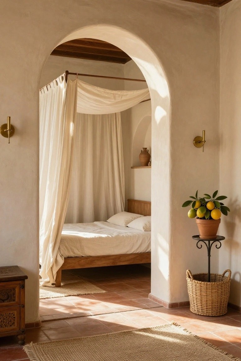 Bedroom interior with a wooden canopy bed draped in white sheer fabric inside a light-colored arched doorway, terracotta tile floor, potted lemon tree, woven basket, and warm sunlight streaming in.