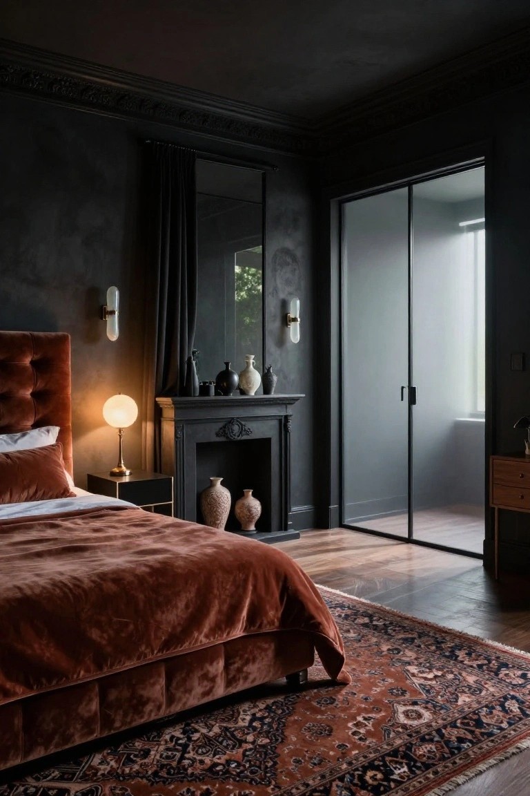 A master bedroom with dark textured walls, rust velvet tufted bed, black fireplace mantel with vases, and black-framed glass doors to a balcony.