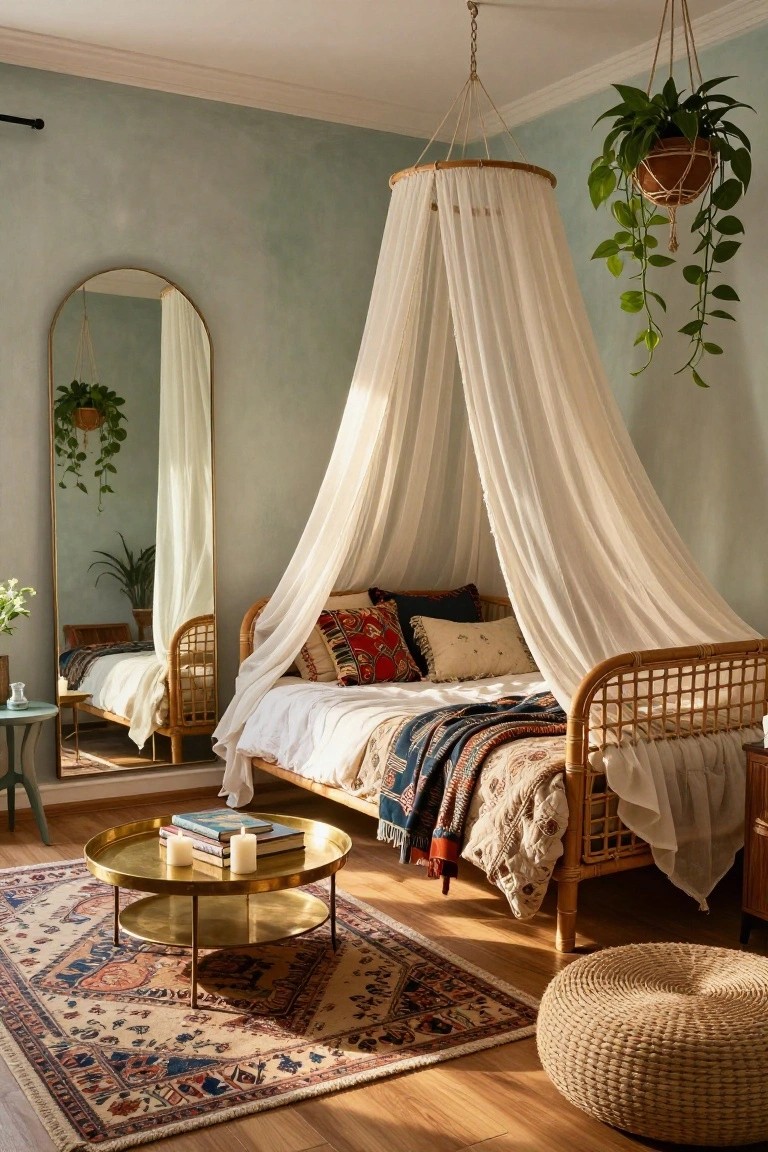 Sage green bedroom with rattan daybed under white sheer canopy, arched gold mirror with plants, gold tray table on patterned rug, hanging plants, and woven pouf stool.