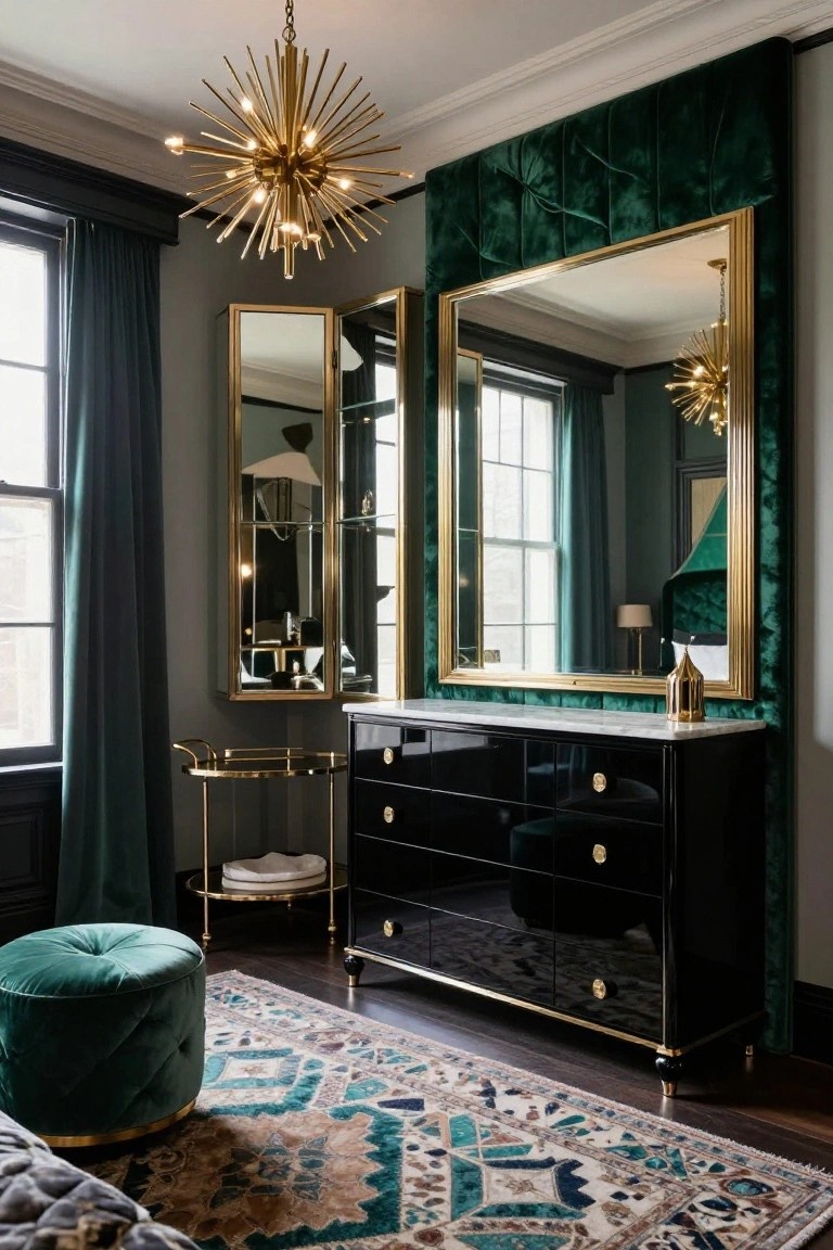 Corner vanity area in a bedroom with emerald green tufted velvet wall paneling around a large gold-framed mirror, black lacquer dresser with marble top, gold bar cart, green velvet ottoman, and patterned rug on wood floor.