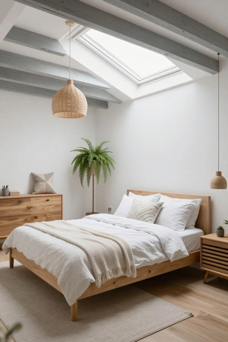 A light-filled bedroom with exposed gray wooden ceiling beams, a skylight, oak wood bed with white linens and throw, matching dresser and nightstand, potted fern plant, and rattan pendant lights over light wood floors.