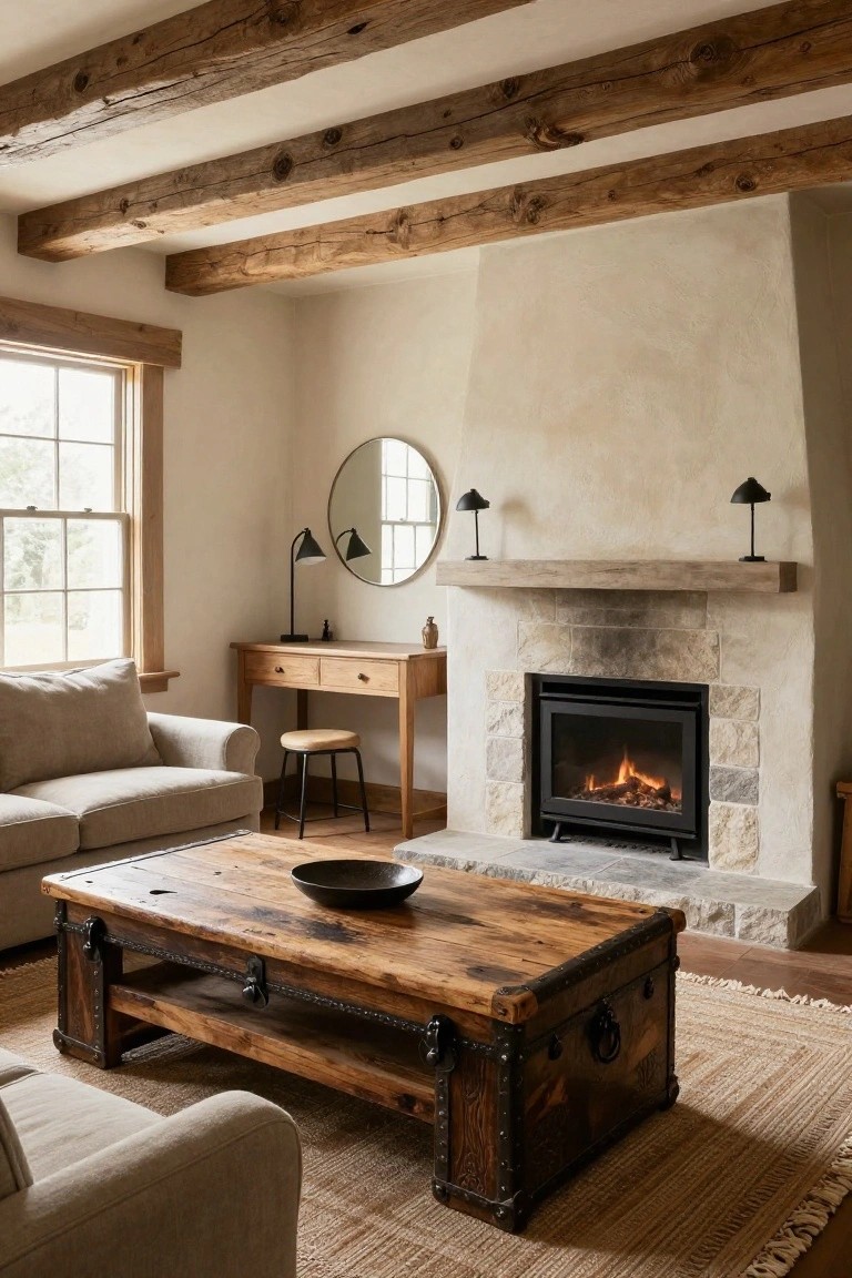 Room interior featuring exposed wooden ceiling beams, neutral plaster walls, stone fireplace with gas fire, beige sofa, wooden desk with stool, and rustic trunk-style coffee table on a jute rug.