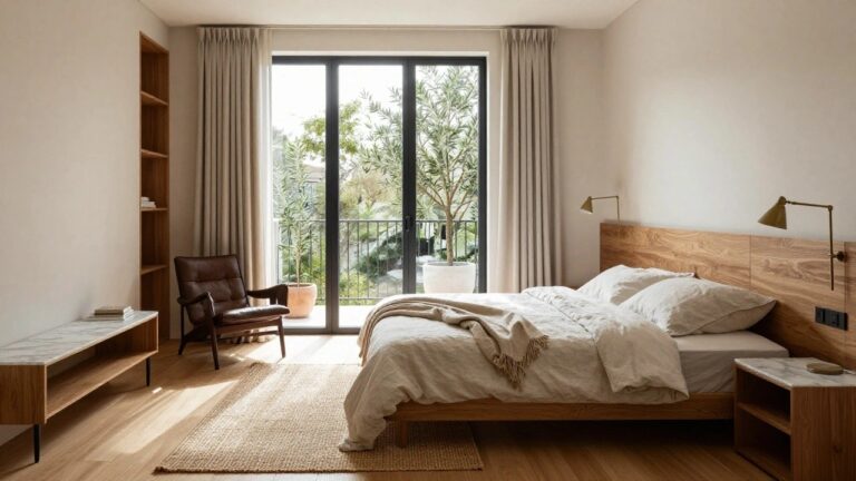 Modern bedroom with low wooden platform bed covered in white linens, tall walnut wood built-in shelving and wardrobe unit with integrated bench, marble side table and brass lamp, sheer curtains on black-framed balcony doors, and potted olive tree outside.