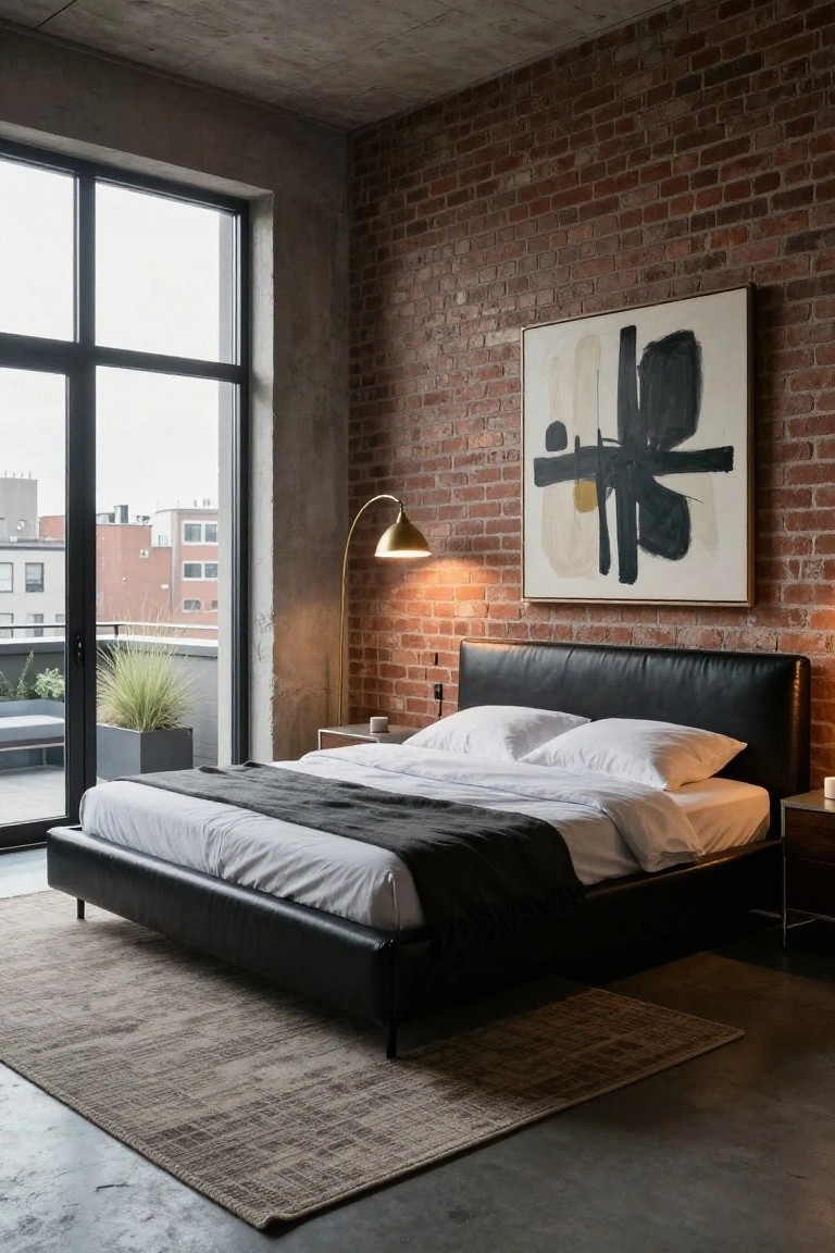 Modern loft bedroom with low black leather platform bed, white bedding, exposed brick accent wall, concrete floor, arched brass floor lamp, abstract painting, and large windows overlooking cityscape.